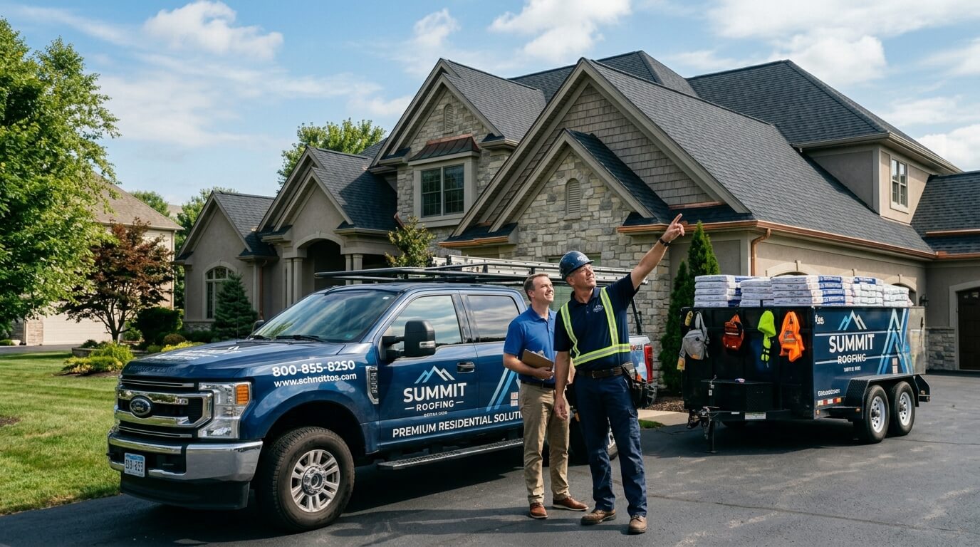 Contractor meeting with a homeowner to inspect storm damage roof