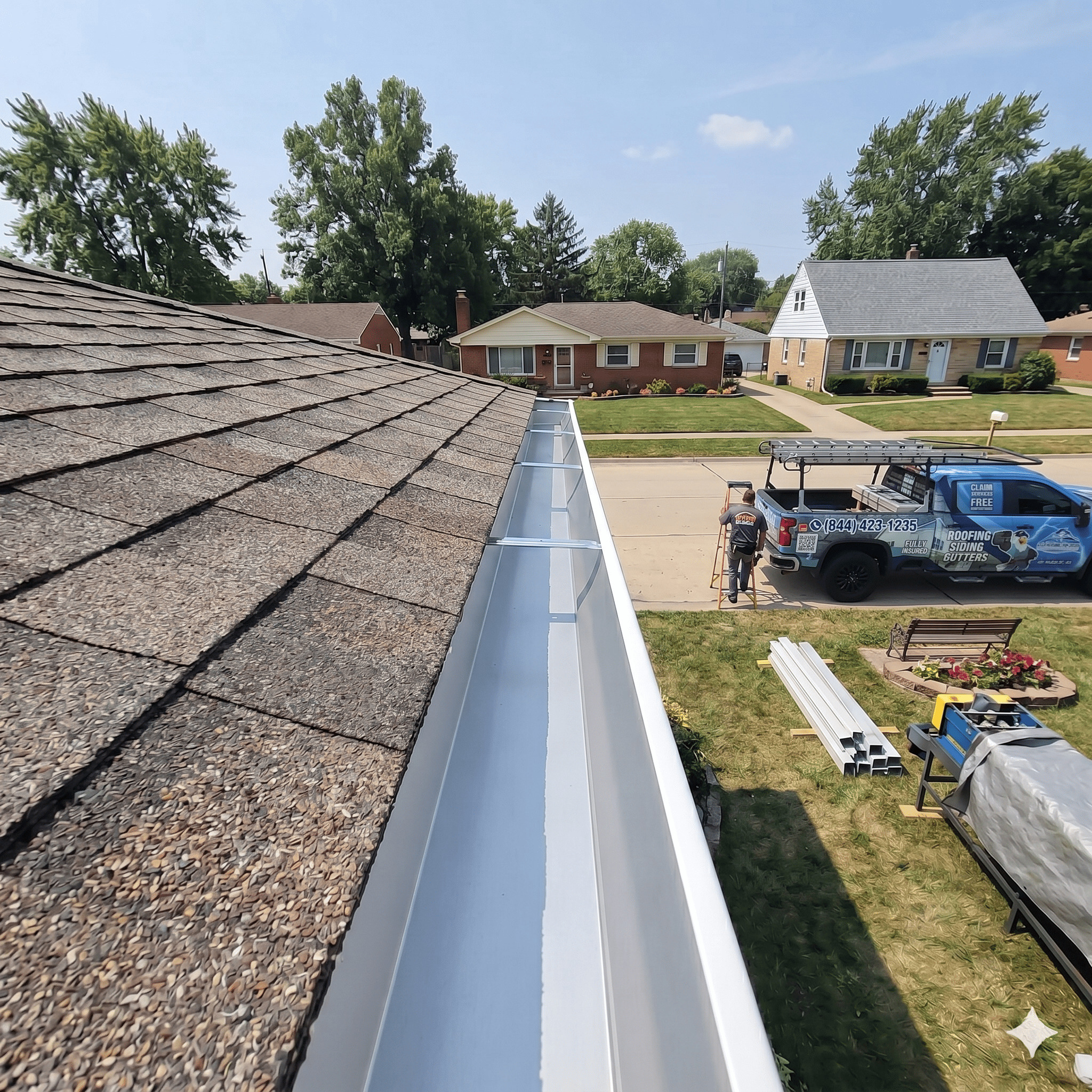 Gutter installation services on a home roofline