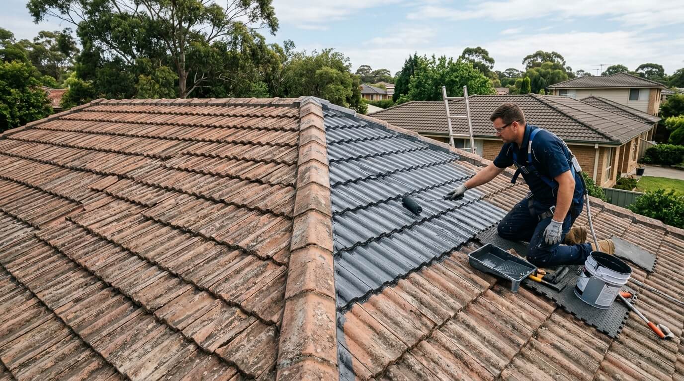 Aerial view of roof restoration services completed on a home
