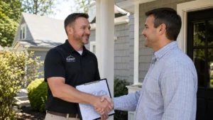 Jay Global Home roofing and gutter contractor meeting with a West Orange, NJ homeowner