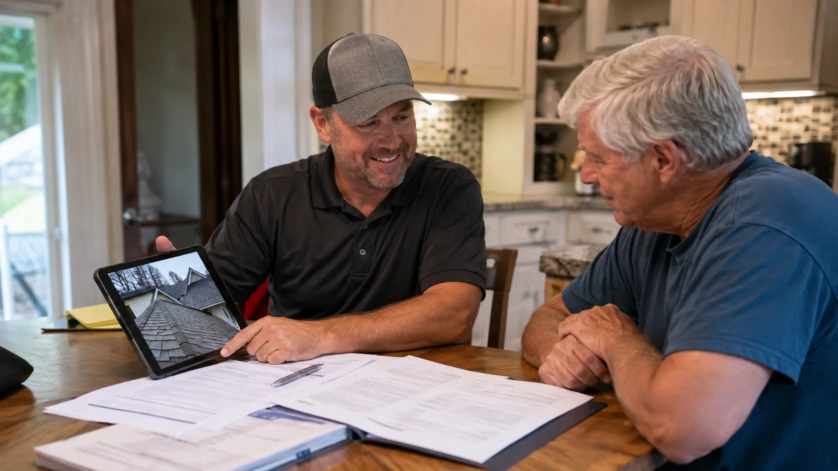 Roofing contractor meeting with a homeowner to review a roof insurance claim in New Jersey