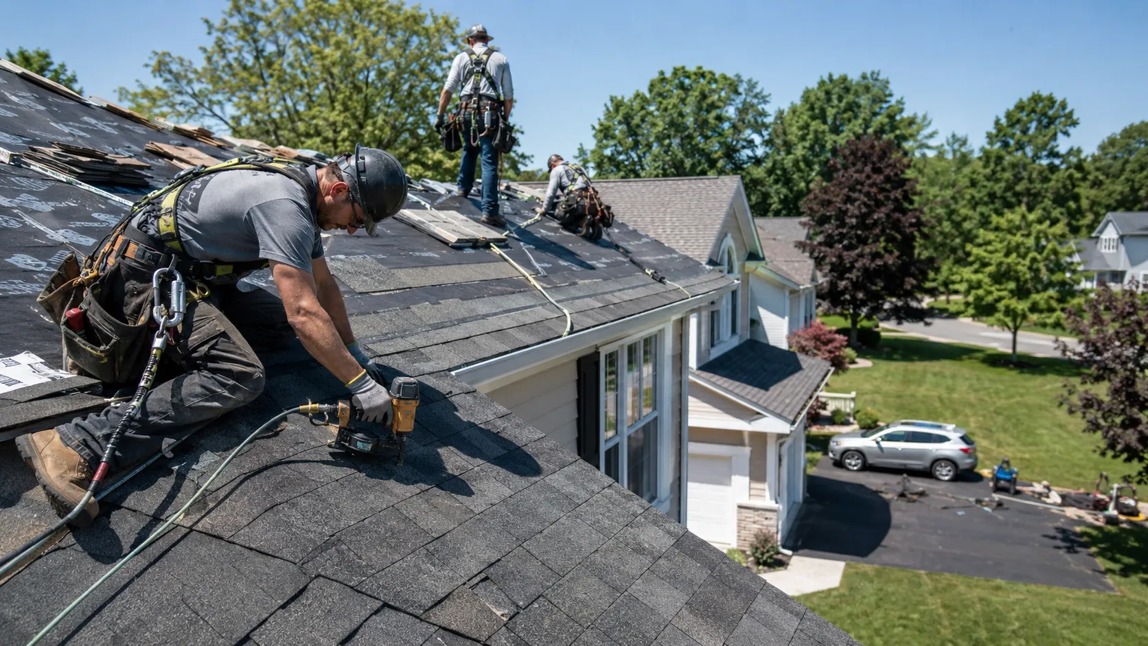 Roofing crew executing a roof replacement covered by a homeowners insurance claim