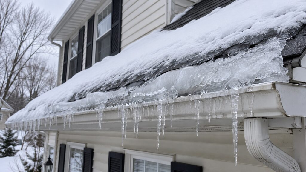 Ice dams and icicles along the roof edge and gutter of a New Jersey home in winter
