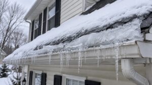 Ice dam and icicles along the roof edge and gutter of a New Jersey home in winter