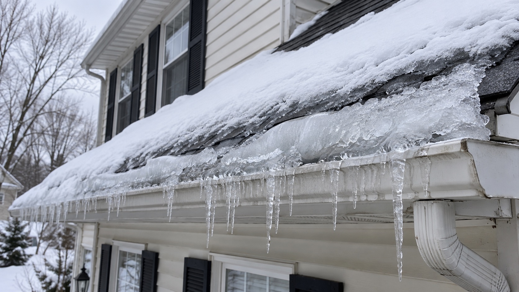 Why gutter installation services matter in New Jersey: ice and icicles at a clogged gutter